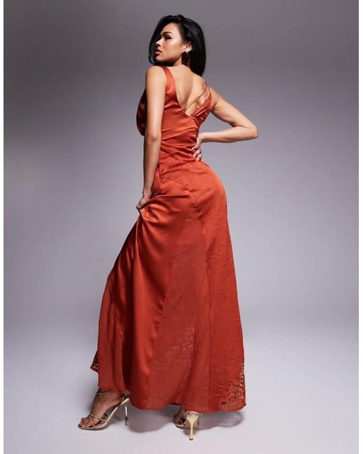 ASOS Red Cowl Neck Satin Maxi Dress With Lace Panelling