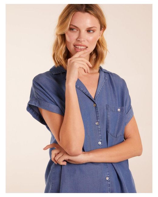 Blue Vanilla Blue Tencel Button Down Pocket Top