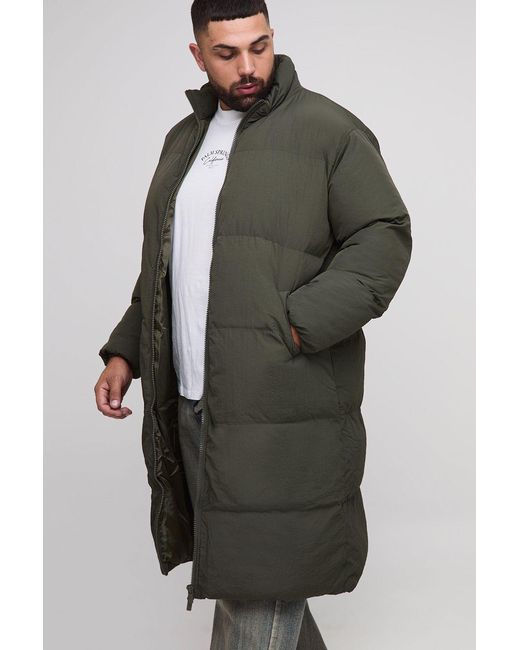 BoohooMAN Gray Plus Oversized Crinkle Nylon Funnel Neck Longline Puffer Jacket for men