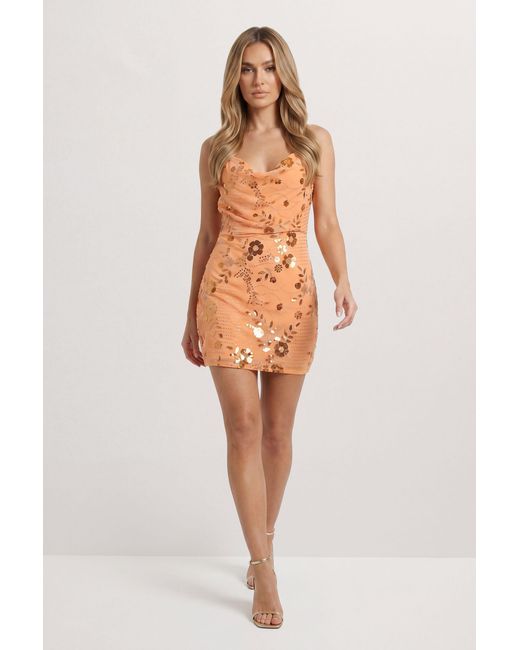 MissPap Orange Embellished Cowl Neck Mini Dress