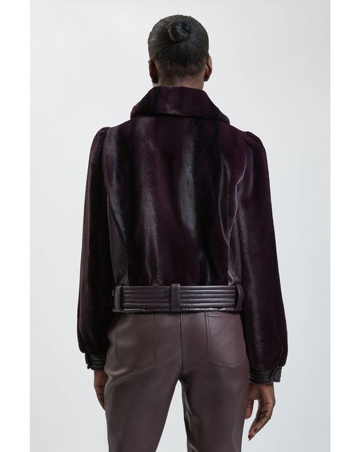 Karen Millen Blue Faux Fur Pu Panelled Belted Cropped Jacket