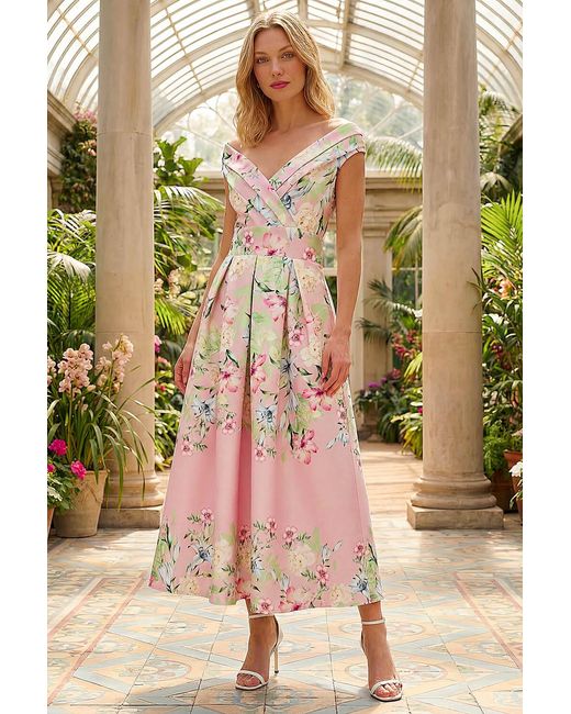 Roman Pink Floral Print Bardot Midi Stretch Dress