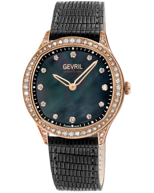 Gevril Black Morcote Swiss Diamond Mop, Genuine Italian Leather Watch