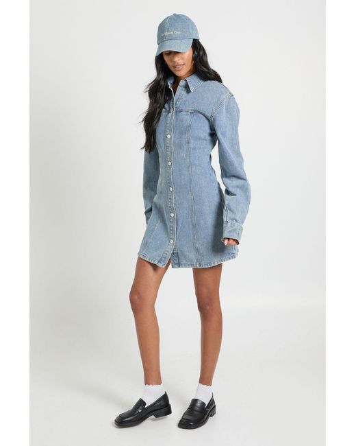 Boohoo Blue Tall Long Sleeve Cinched Waist Denim Dress