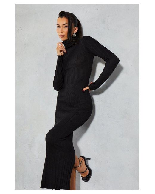 MissPap Black Knitted Ribbed High Neck Maxi Dress
