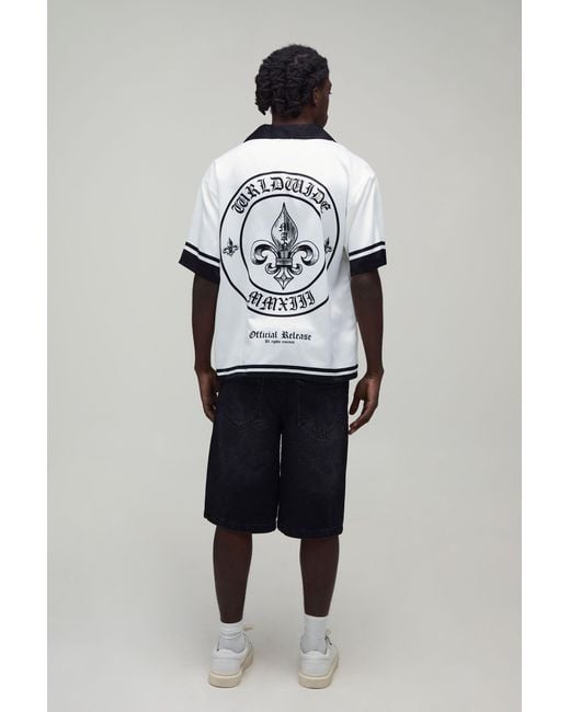 BoohooMAN Gray Oversized Half Sleeve Worldwide Border Print Satin Shirt for men