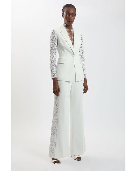 Karen Millen White Compact Stretch Lace Mix Tailored Wide Leg Trouser