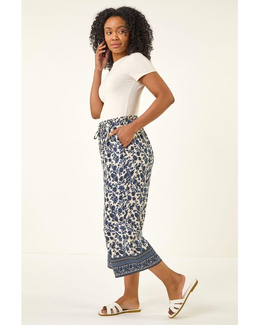 Roman White Petite Border Print Cropped Trouser