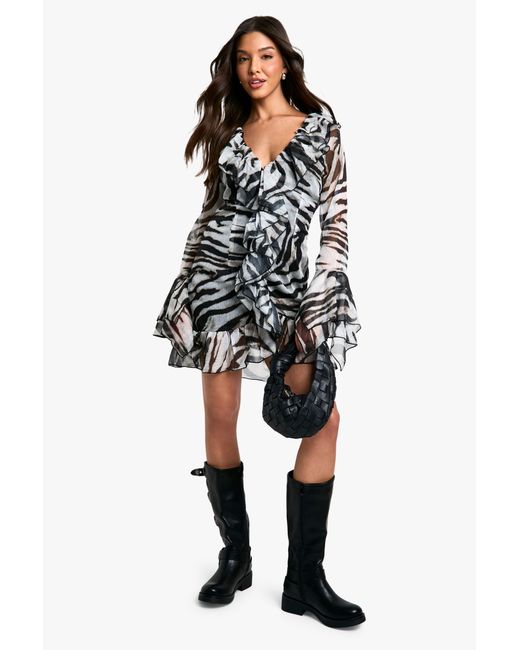 Boohoo Black Extreme Ruffle Chiffon Zebra Shift Dress