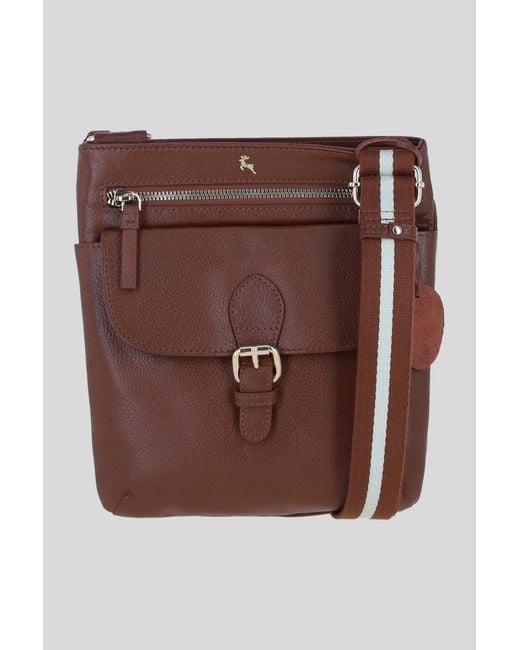 Ashwood Leather Brown Flat Crossbody Bag With Contrast Strap