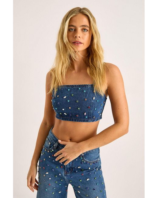 Nasty Gal Blue Denim Jewel Strappy Crop Top
