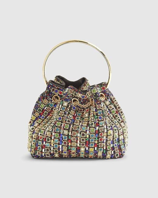 River Island White Clutch Bag Gem Embellished Bucket Glass