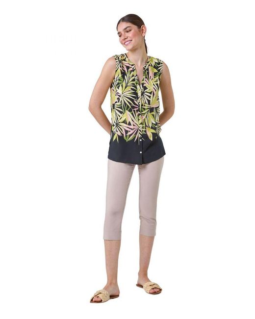 Roman Green Sleeveless Leaf Print Blouse