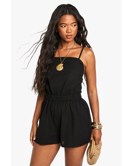 Boohoo Black Linen Look Backless Romper