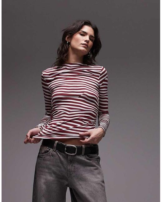 TOPSHOP Gray Slash Neck Long Sleeve Jersey Top