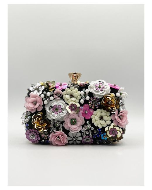 SVNX Gray Floral Applique Clutch Bag