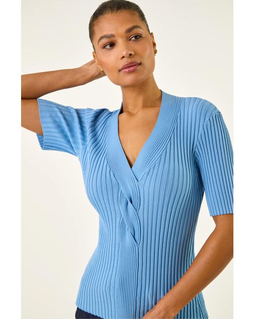 Roman Blue Ribbed V-Neck Cable Knit Jumper