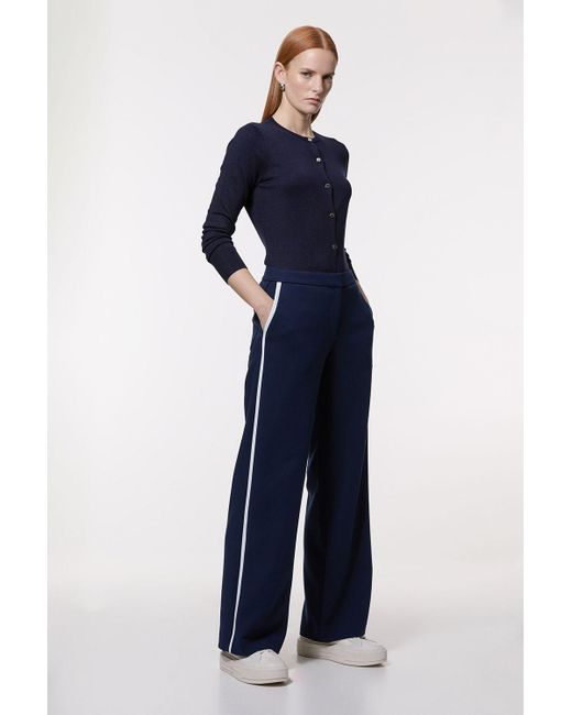 Karen Millen Blue Compact Stretch Tipped Pocketed Tailored Straight Leg Trouser