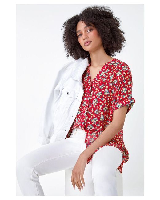 Roman Red Ditsy Floral Button Through Top