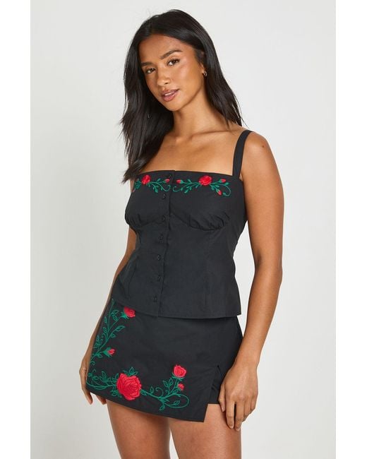 Boohoo Black Petite Poplin Embroidered Mini Skirt