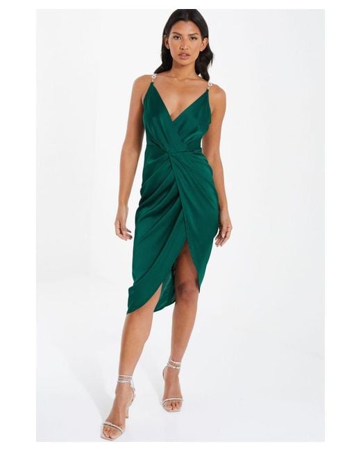 Quiz Green Satin Wrap Midi Dress | Lyst UK