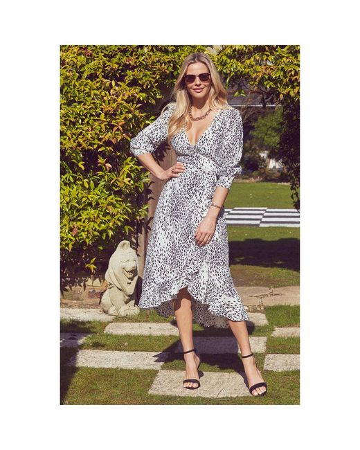 Sosandar Green Print Ruffle Hem Midi Wrap Dress