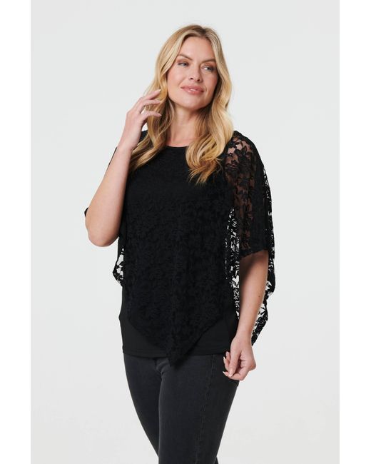 Izabel London Black Floral Lace Asymmetric Layered Top