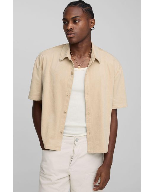 BoohooMAN Natural Oversized Boxy Faux Suede Western Collar Tip Shirt for men