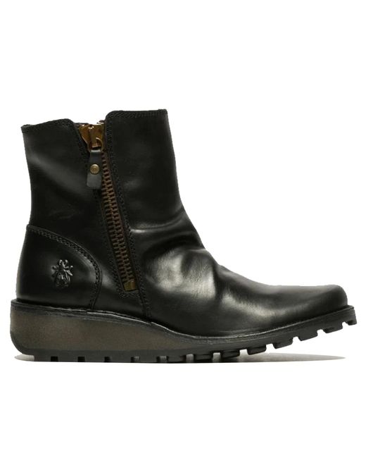 Fly London Black Leather Wedge Ankle Boots