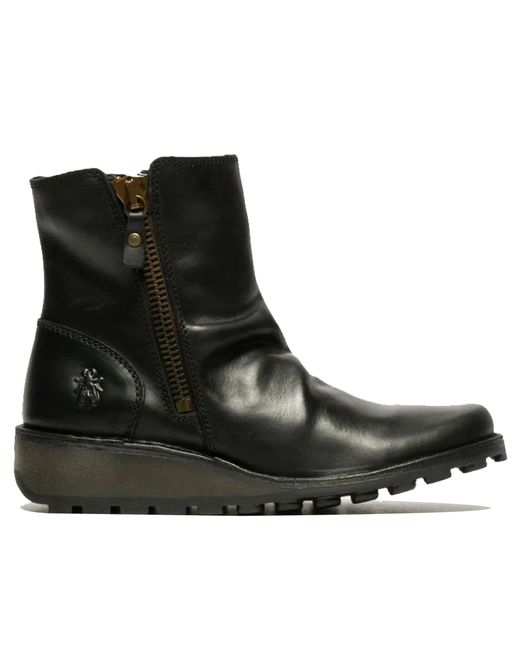 Fly London Black Leather Wedge Ankle Boots