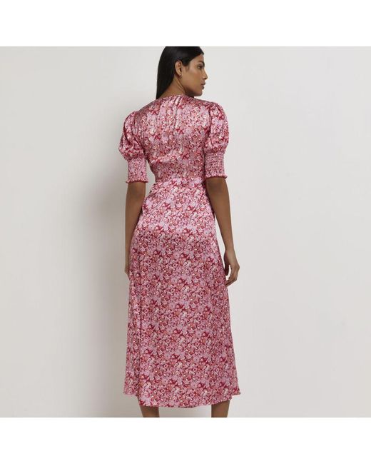 River Island Pink Shift Midi Dress Petite Floral Satin