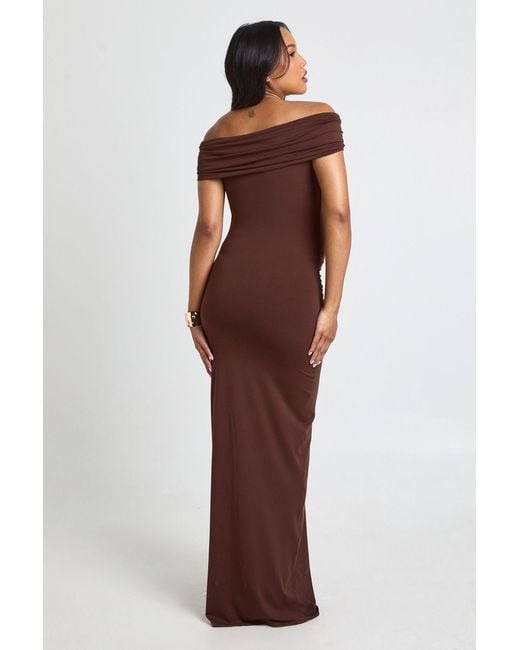 Boohoo Red Maternity Bardot Ruched Maxi Dress