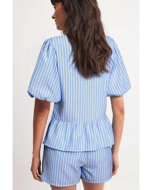 Azura Exchange Blue Striped Bowknot Detail Puffy Sleeve Top And Shorts 2Pcs Set