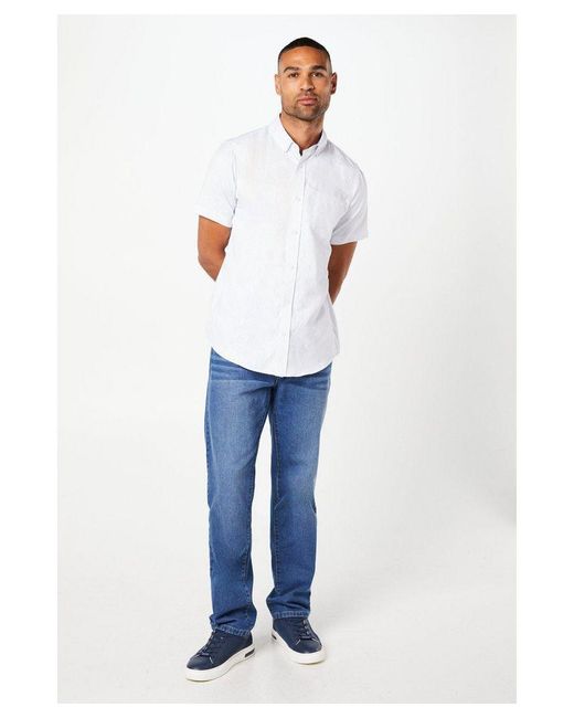 MAINE White Printed Herringbone Short Sleeve Shirt for men