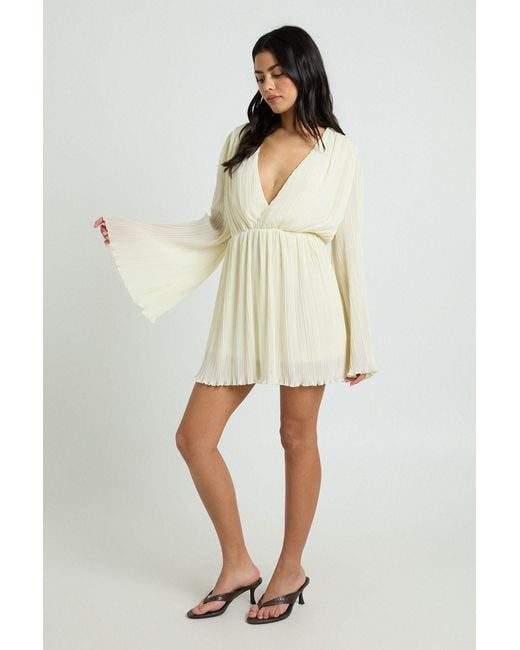 Boohoo Natural Plisse Ruffle Hem Plunge Front Skater Dress