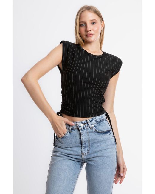 Hiccup Black Striped Round Neck Ruched Sides Drawstring Blouse