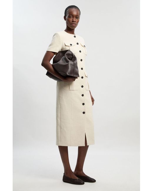 Karen Millen White Textured Tweed Tailored Pocket Front Short Sleeve Midi Dress