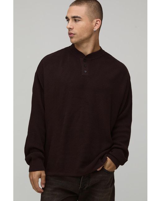 BoohooMAN Black Essential Relaxed Fit Henley Waffle Knitted T-Shirt for men