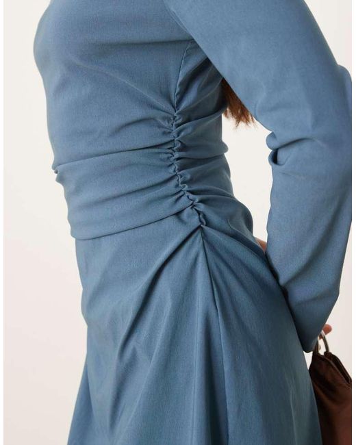 ASOS Blue Bengaline High Neck Long Sleeve Mini Dress With Ruching Detail