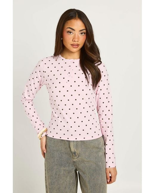 Boohoo Red Polka Dot Long Sleeve Henley Top