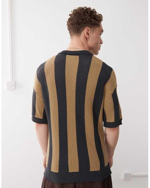 The Ragged Priest Gray Oversized Stripe Knit Polo for men