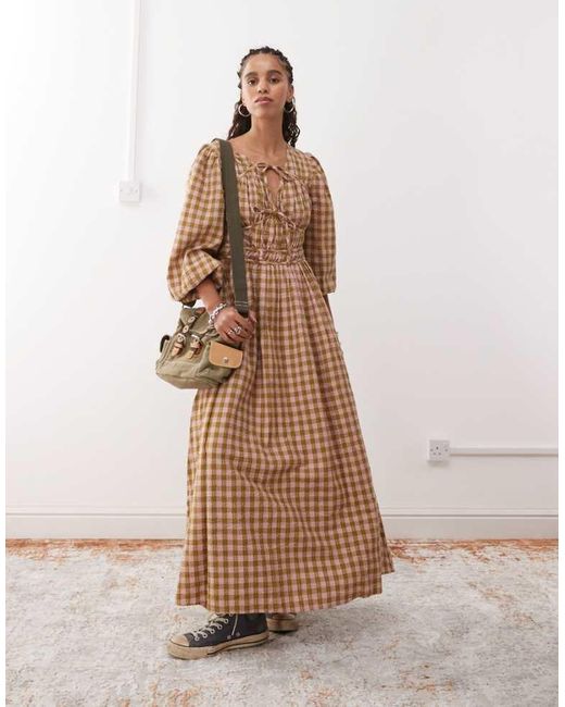 Reclaimed Vintage Natural Maxi Smock Dress With Tie Front Detail