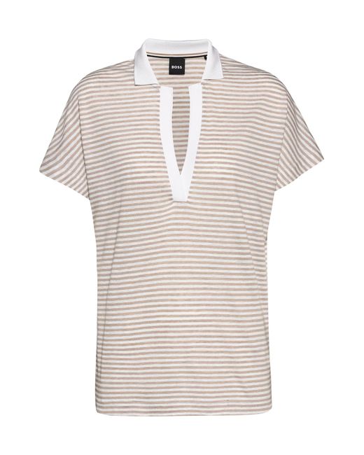 Boss White Womenss Enelina Linen Blend Striped Polo Shirt