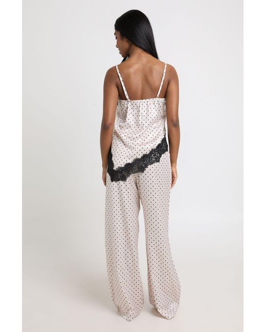 Boohoo Natural Polka Dot Satin Lace Trim Asymmetric Hem Cami & Trouser Pyjama Set