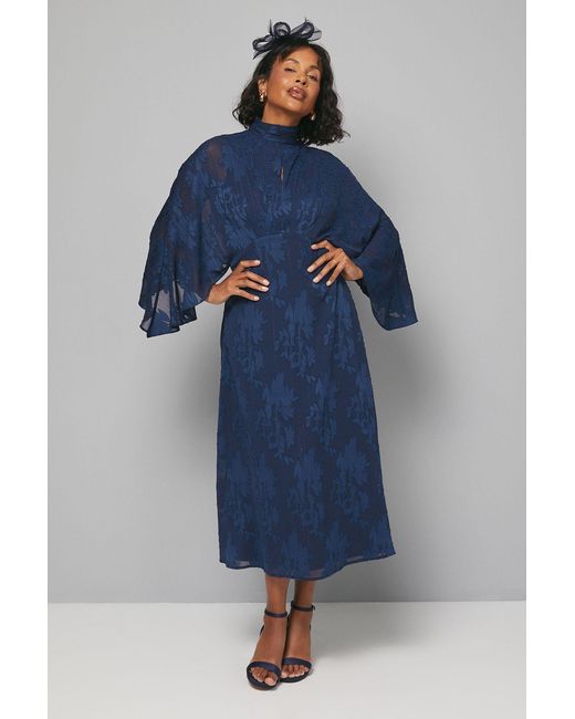 Wallis Blue Jacquard Cape Sleeve Midaxi Dress