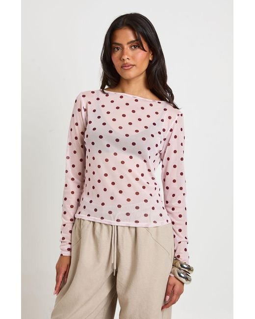 Boohoo Pink Polka Dot Sheer Mesh Top