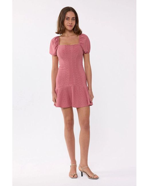 Hiccup Red Short Sleeve Square Neck Mini Dress With Balloon Sleeves