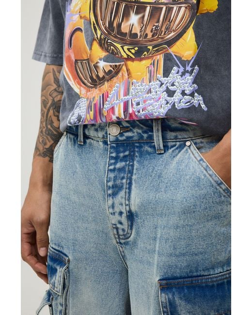 BoohooMAN Blue Washed Multi Pocket Baggy Fit Cargo Jeans for men