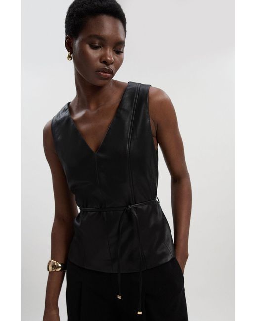 Karen Millen Black Faux Leather Tie Waist Tailored Top