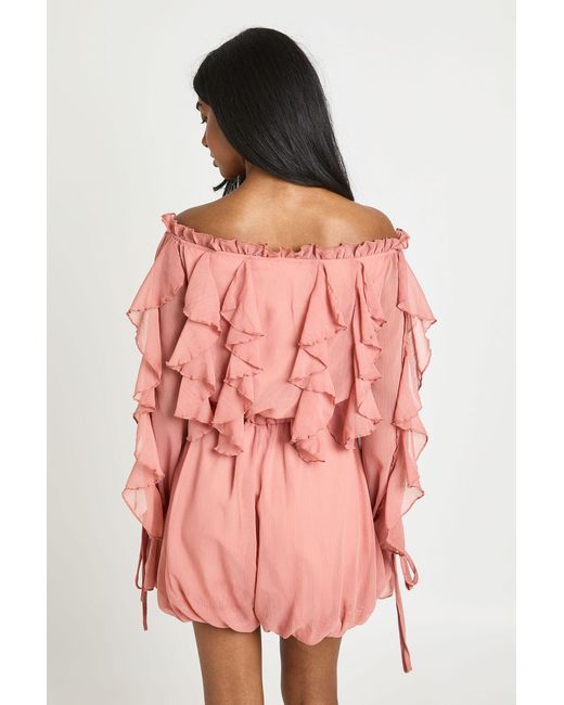 Boohoo Pink Bardot Ruffle Detail Textured Chiffon Playsuit